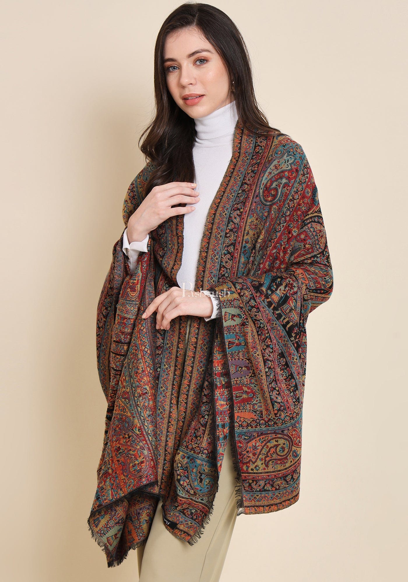 Pashtush India Womens Shawls Pashtush Womens 100% Pure Wool With Woolmark Certificate Shawl, Royal Darbar Design, Black