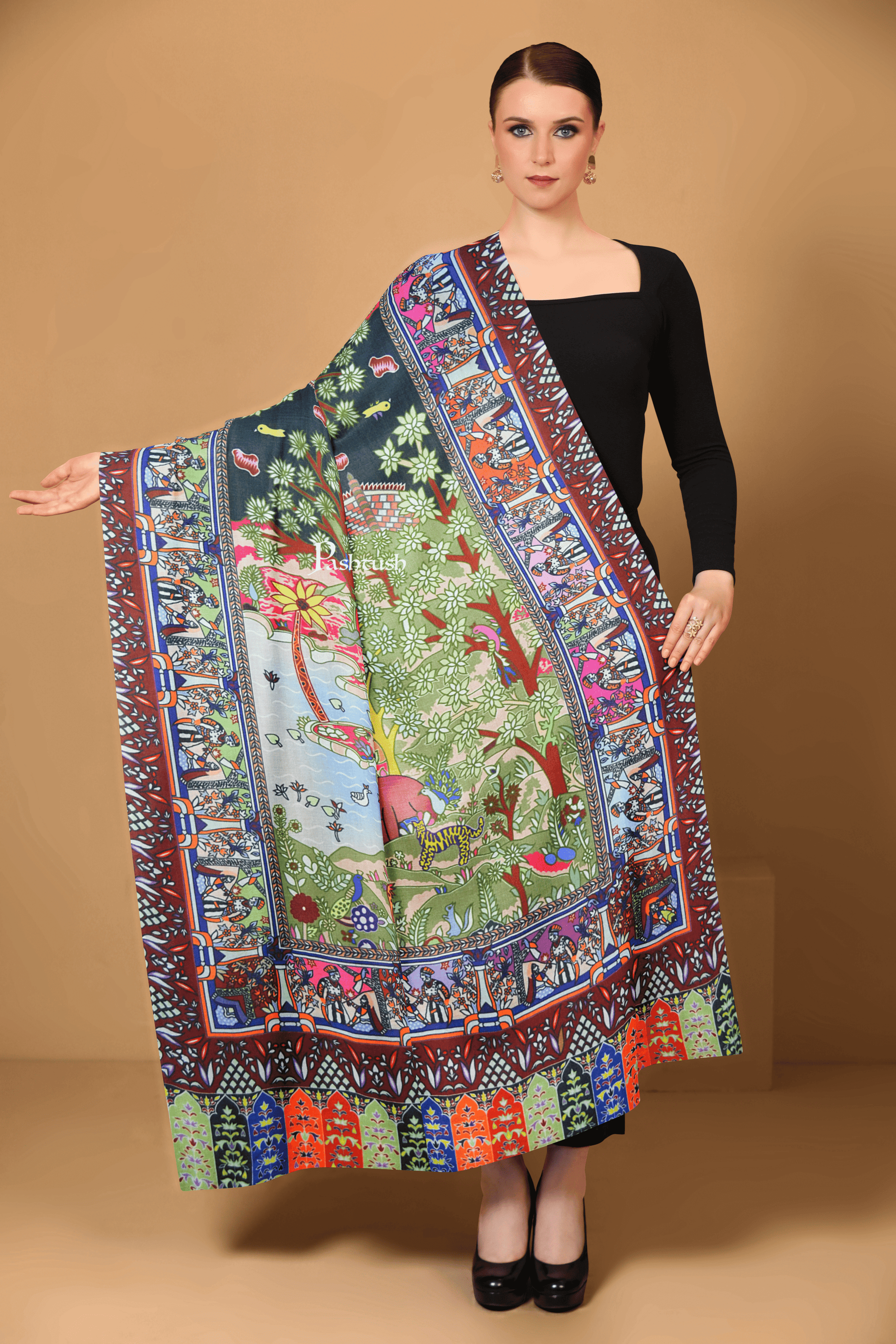 Pashtush India Womens Shawls Pashtush Womens 100% Pure Wool With Woolmark Certificate Shawl, Shikaardar Design, Multicolour