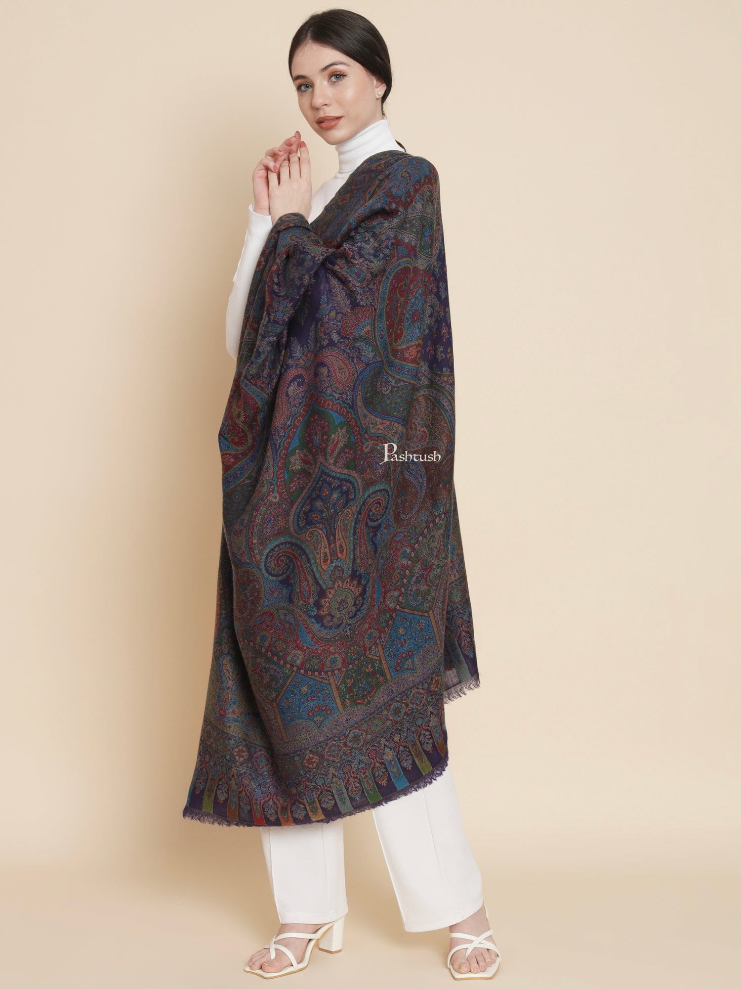Pashtush India Womens Shawls Pashtush Womens 100% Pure Wool With Woolmark Certificate Shawl, Woven Kalamkari Weave Design, Blue