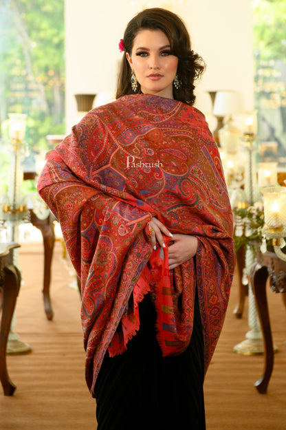 Pashtush India Womens Shawls Pashtush Womens 100% Pure Wool With Woolmark Certificate Shawl, Woven Kalamkari Weave Design, Red