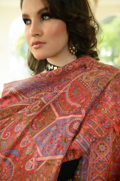 Pashtush India Womens Shawls Pashtush Womens 100% Pure Wool With Woolmark Certificate Shawl, Woven Kalamkari Weave Design, Red