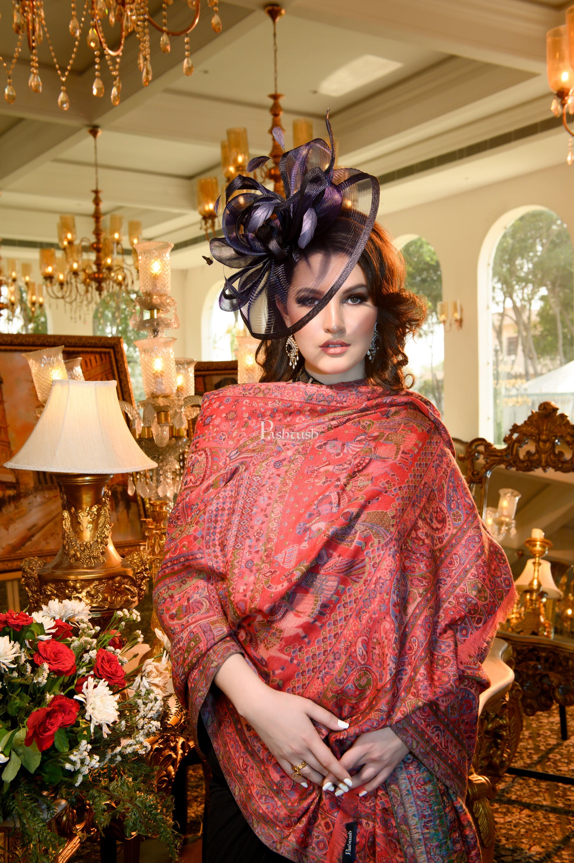 Pashtush India Womens Shawls Pashtush Womens 100% Pure Wool With Woolmark Certificate Shawl, Woven Weave Royal Doli Design, Rose