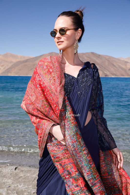 Pashtush India Womens Shawls Pashtush Womens 100% Pure Wool With Woolmark Certificate Shawl, Woven Weave Royal Doli Design, Rose