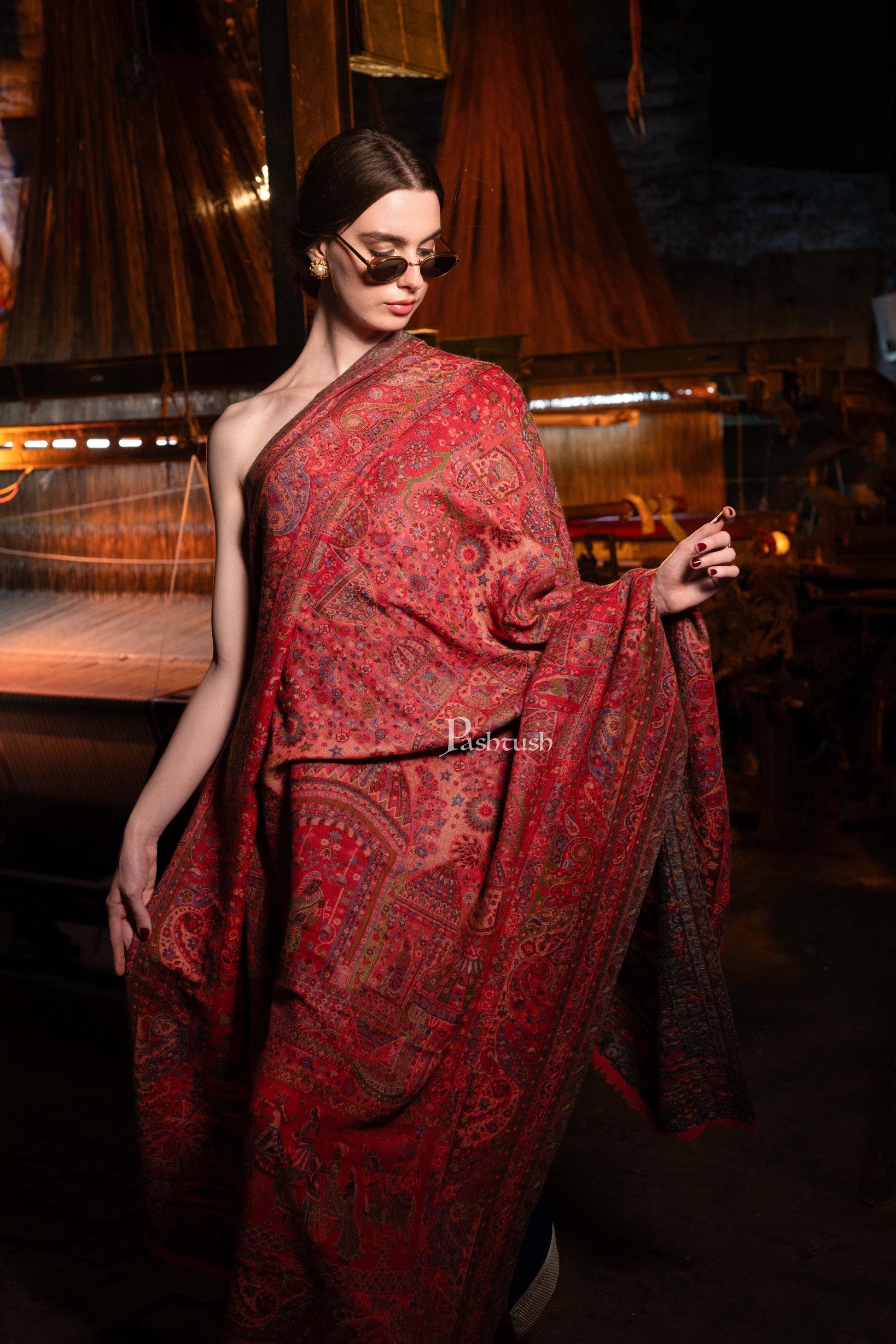 Pashtush India Womens Shawls Pashtush Womens 100% Pure Wool With Woolmark Certificate Shawl, Woven Weave Royal Doli Design, Rose