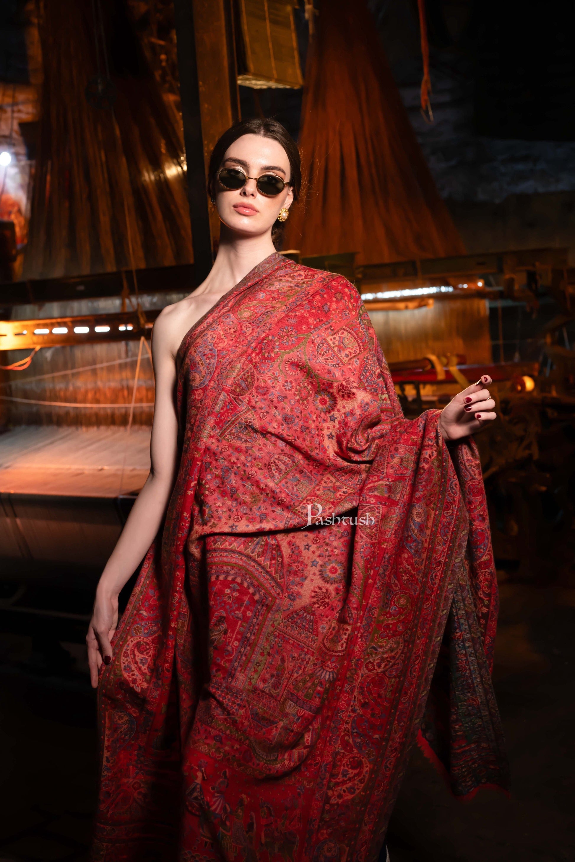 Pashtush India Womens Shawls Pashtush Womens 100% Pure Wool With Woolmark Certificate Shawl, Woven Weave Royal Doli Design, Rose