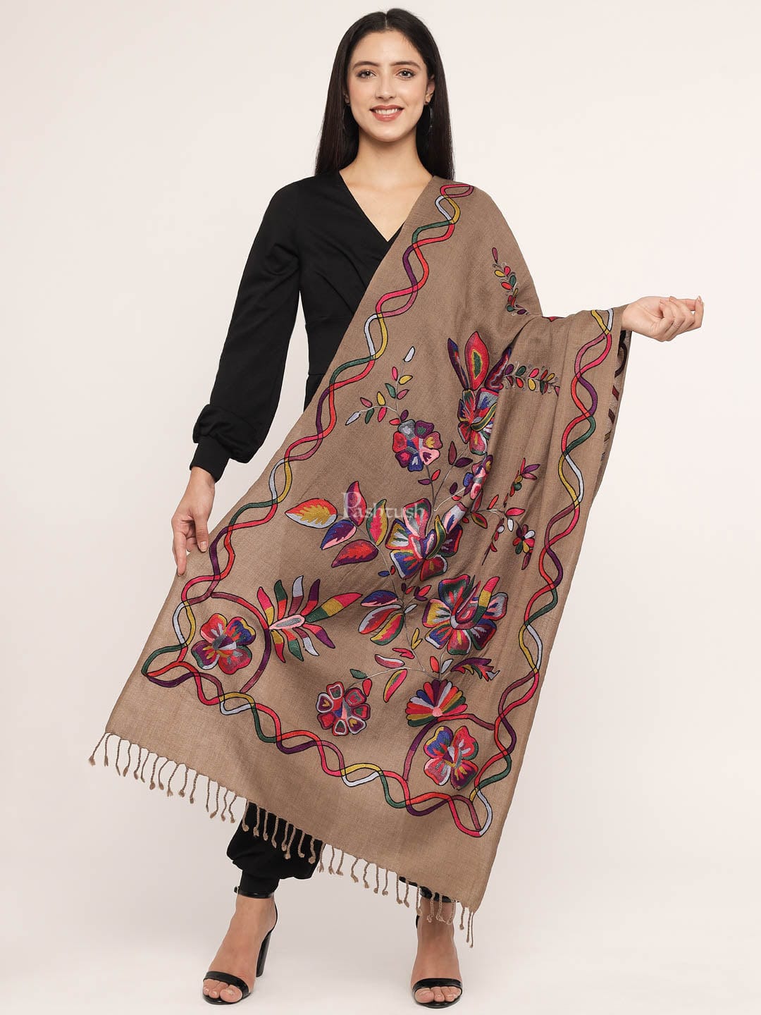 Pashtush India Womens Stoles and Scarves Scarf Pashtush womens 100% Pure Wool with Woolmark Certificate stole, 100% hand painted and nalki embroidery design, Taupe