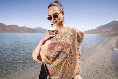 Pashtush India Womens Stoles and Scarves Scarf Pashtush Womens 100% Pure Wool With Woolmark Certificate Stole, Ethnic Weave Paisley Palla Design, Beige