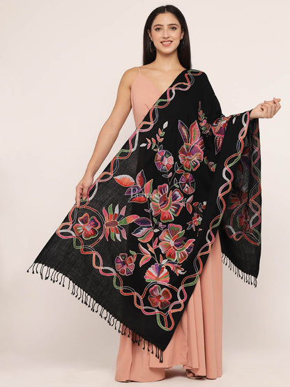 Pashtush India Womens Stoles and Scarves Scarf Pashtush womens 100% Pure Wool with Woolmark Certificate Stole, nalki embroidery design, Black