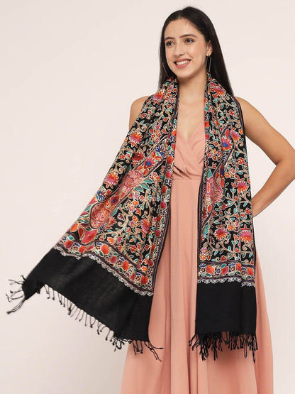 Pashtush India Womens Stoles and Scarves Scarf Pashtush womens 100% Pure Wool with Woolmark Certificate stole, nalki embroidery design, Black