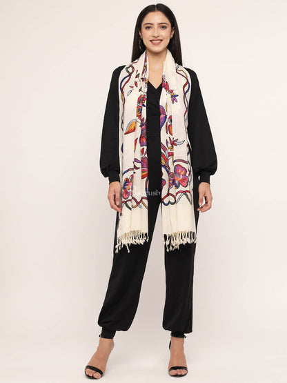 Pashtush India Womens Stoles and Scarves Scarf Pashtush womens 100% Pure Wool with Woolmark Certificate stole,  nalki embroidery design, Ivory