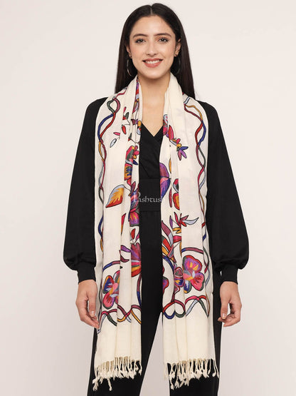 Pashtush India Womens Stoles and Scarves Scarf Pashtush womens 100% Pure Wool with Woolmark Certificate stole,  nalki embroidery design, Ivory
