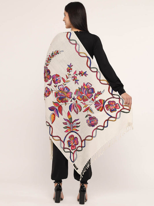 Pashtush India Womens Stoles and Scarves Scarf Pashtush womens 100% Pure Wool with Woolmark Certificate stole,  nalki embroidery design, Ivory