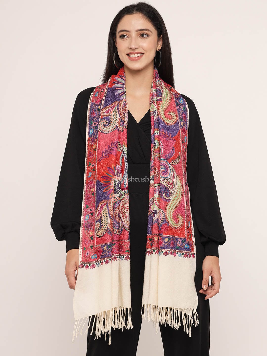 Pashtush India Womens Stoles and Scarves Scarf Pashtush womens 100% Pure Wool with Woolmark Certificate Stole, nalki embroidery design, Ivory