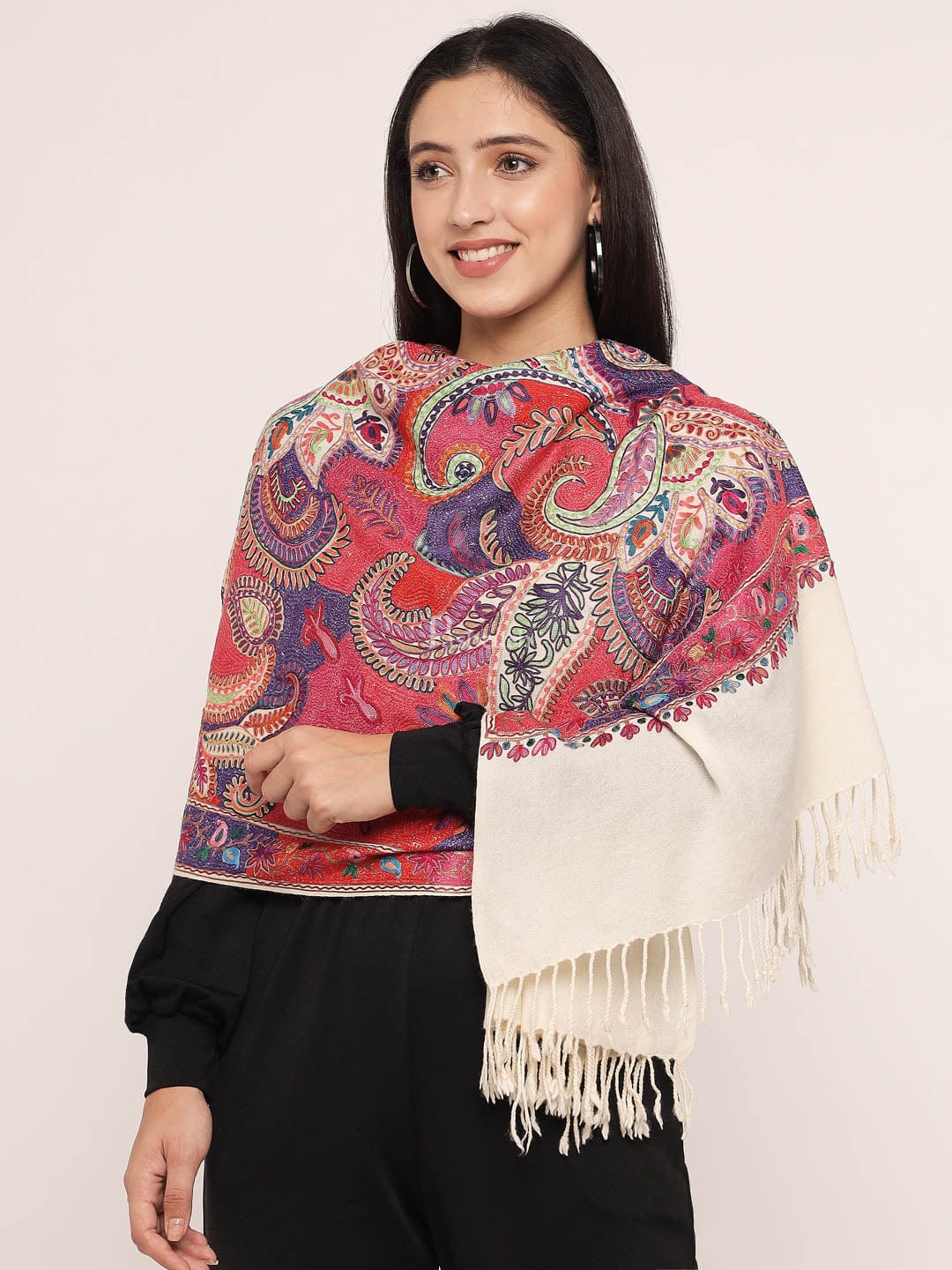 Pashtush India Womens Stoles and Scarves Scarf Pashtush womens 100% Pure Wool with Woolmark Certificate Stole, nalki embroidery design, Ivory