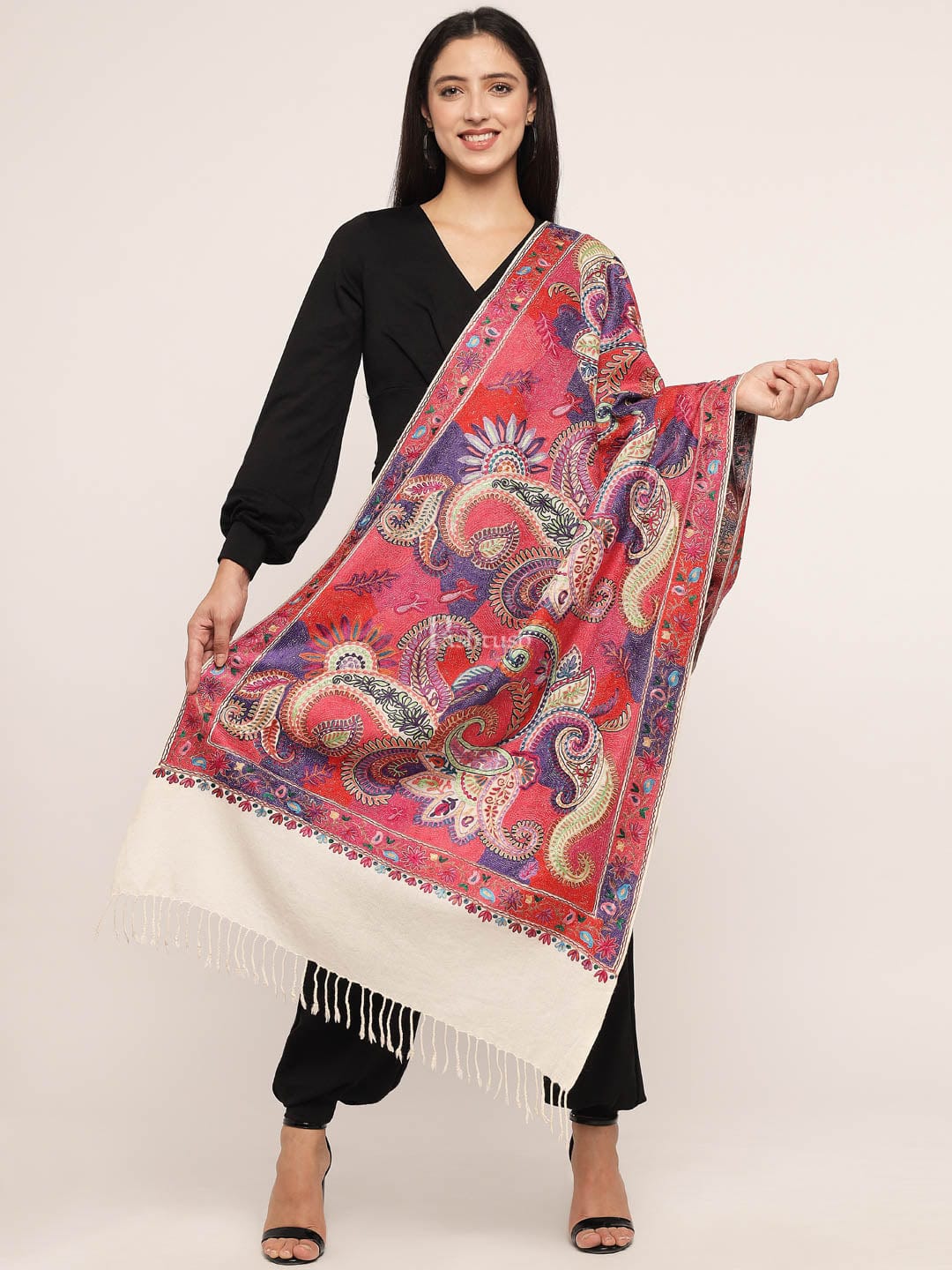 Pashtush India Womens Stoles and Scarves Scarf Pashtush womens 100% Pure Wool with Woolmark Certificate Stole, nalki embroidery design, Ivory
