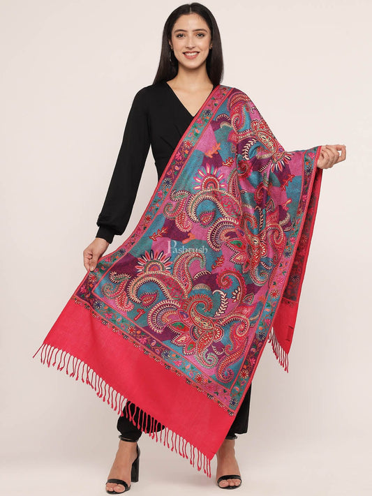 Pashtush India Womens Stoles and Scarves Scarf Pashtush womens 100% Pure Wool with Woolmark Certificate stole, nalki embroidery design, Multicolour
