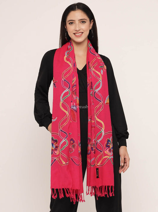 Pashtush India Womens Stoles and Scarves Scarf Pashtush womens 100% Pure Wool with Woolmark Certificate stole,  nalki embroidery design, Pink