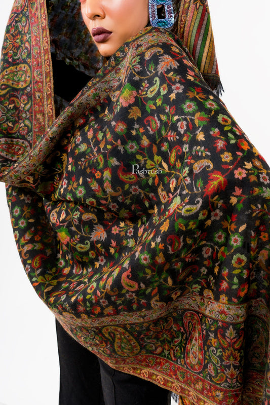 Pashtush India Womens Stoles and Scarves Scarf Pashtush Womens 100% Pure Wool With Woolmark Certificate Stole, Paisley Design, Black