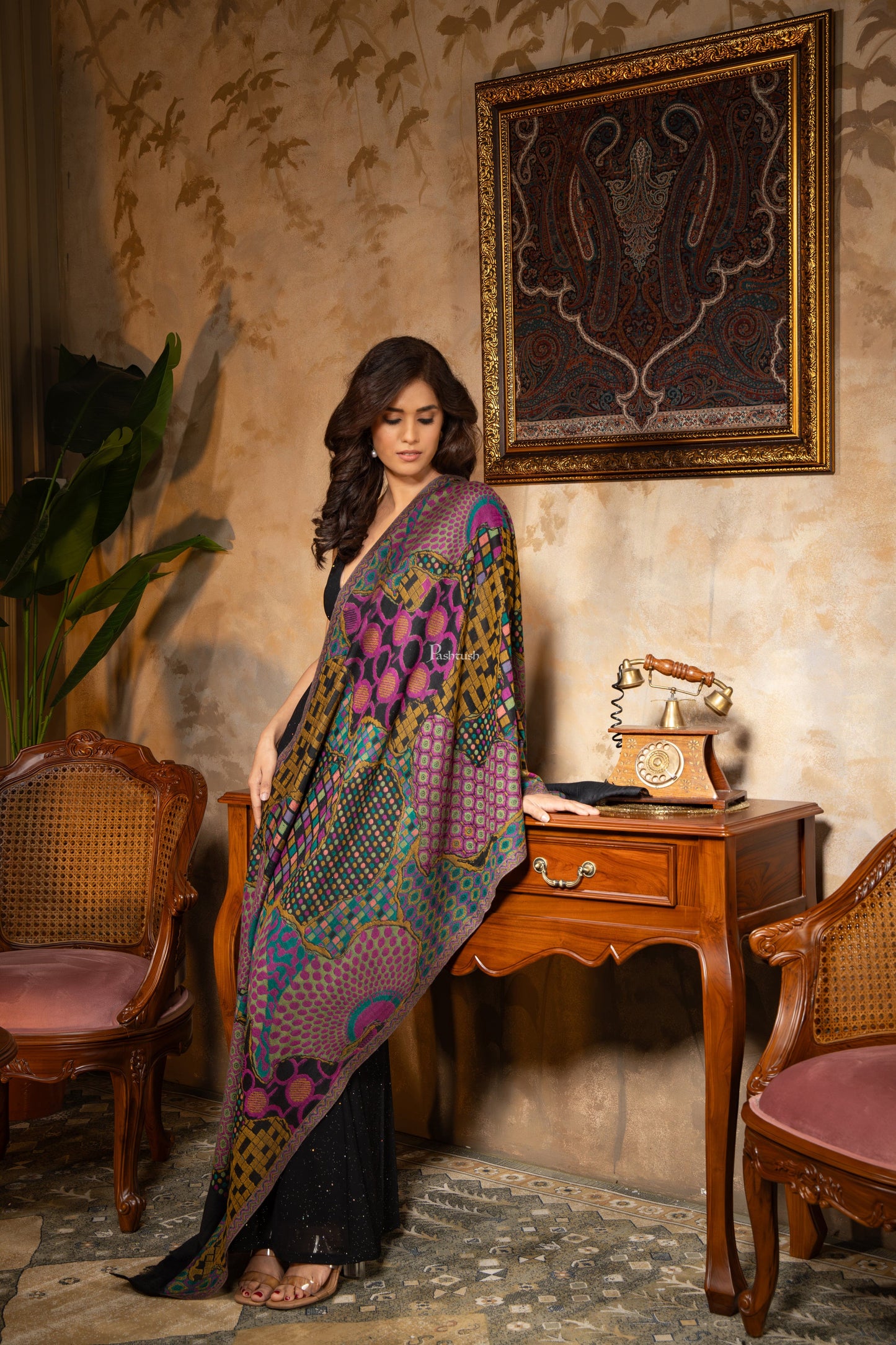 Pashtush India Womens Shawls Pashtush Womens 100% Pure Wool With Woolmark Certificate Stole, Paisley Design, Black