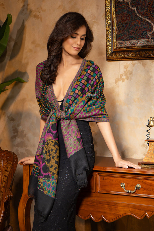 Pashtush India Womens Shawls Pashtush Womens 100% Pure Wool With Woolmark Certificate Stole, Paisley Design, Black