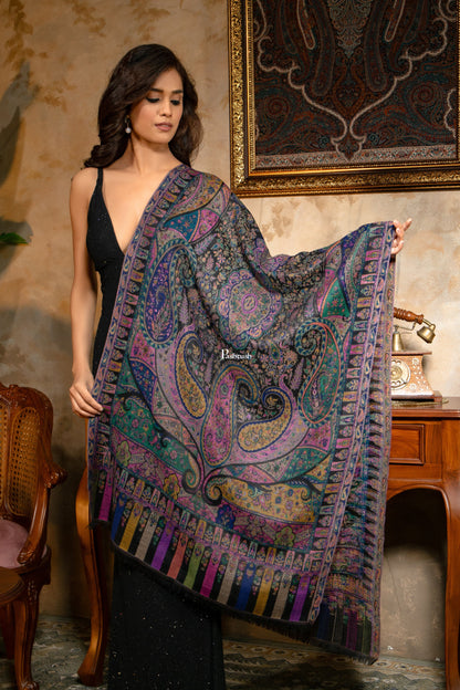 Pashtush India Womens Stoles and Scarves Scarf Pashtush Womens 100% Pure Wool With Woolmark Certificate Stole, Paisley Design, Black
