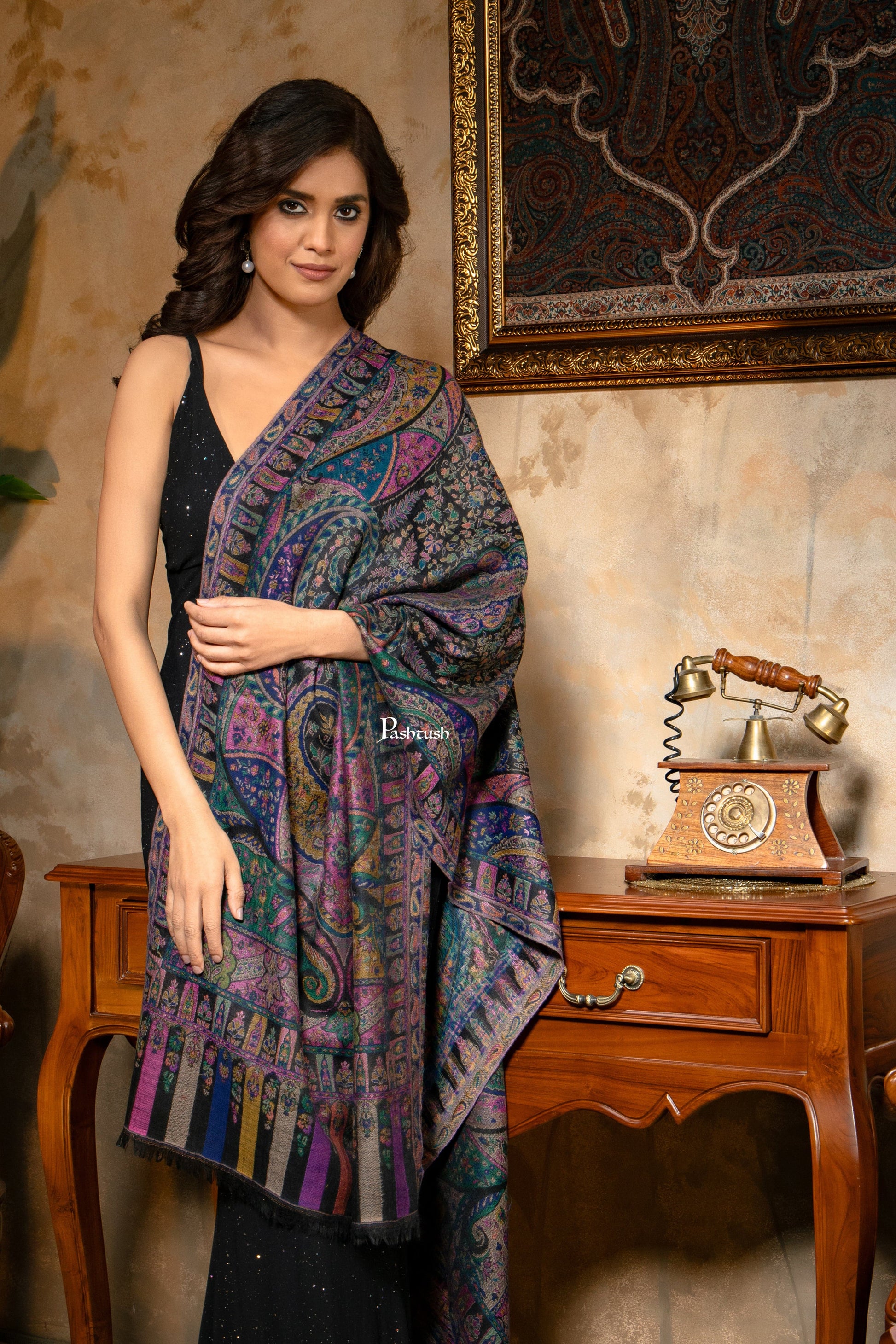 Pashtush India Womens Stoles and Scarves Scarf Pashtush Womens 100% Pure Wool With Woolmark Certificate Stole, Paisley Design, Black