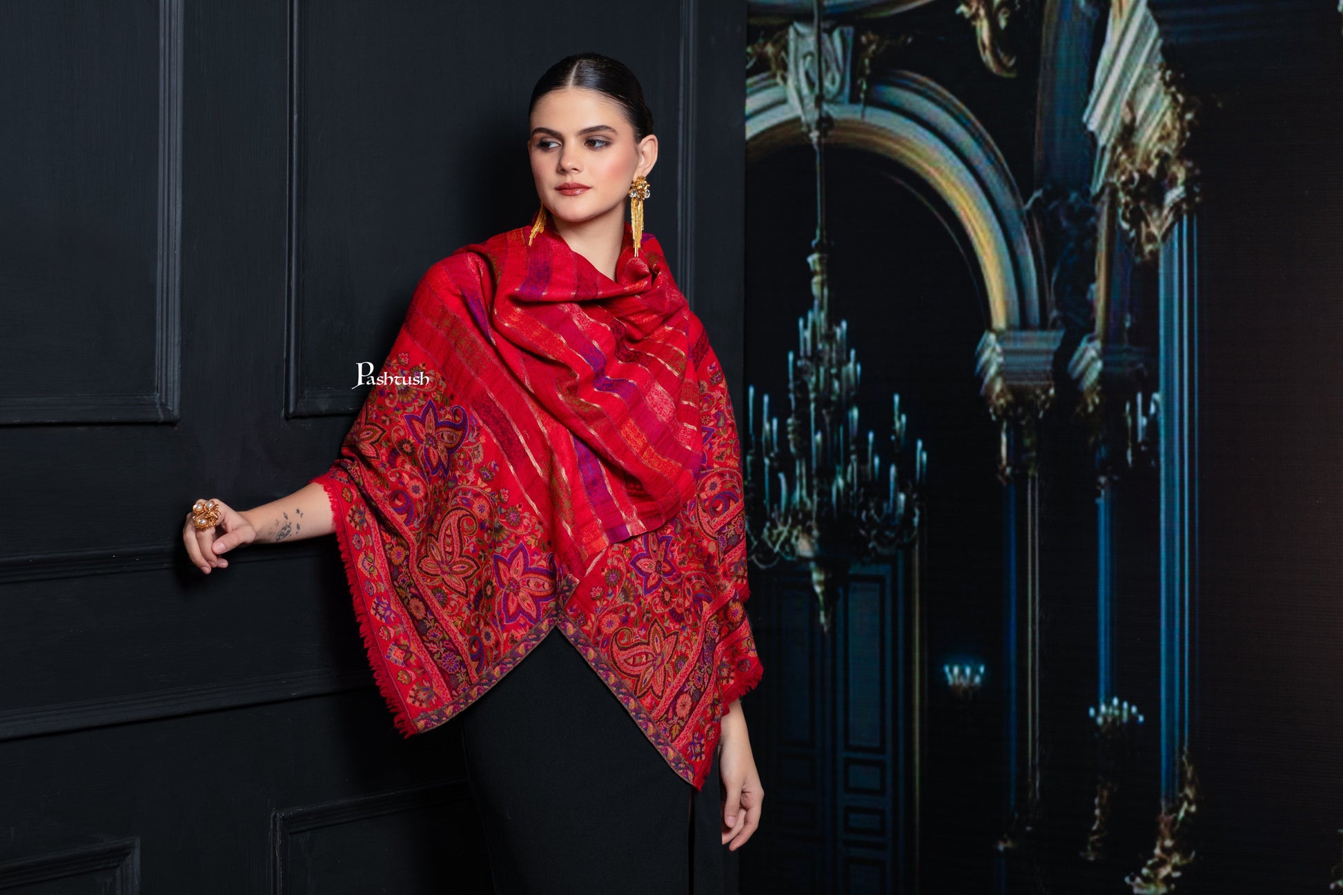 Pashtush India Womens Stoles and Scarves Scarf Pashtush Womens 100% Pure Wool With Woolmark Certificate Stole, Paisley Design, Scarlet Red