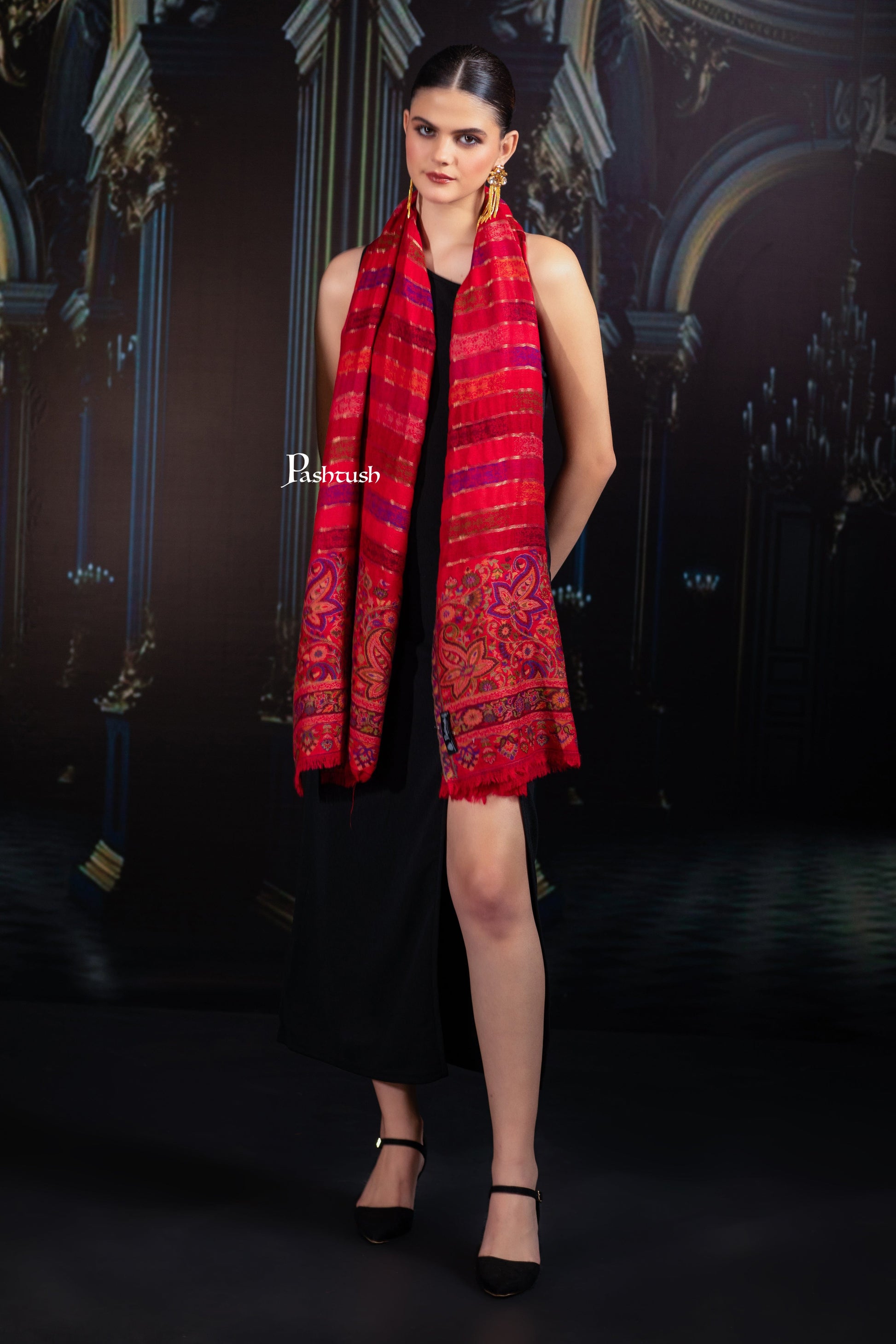 Pashtush India Womens Stoles and Scarves Scarf Pashtush Womens 100% Pure Wool With Woolmark Certificate Stole, Paisley Design, Scarlet Red