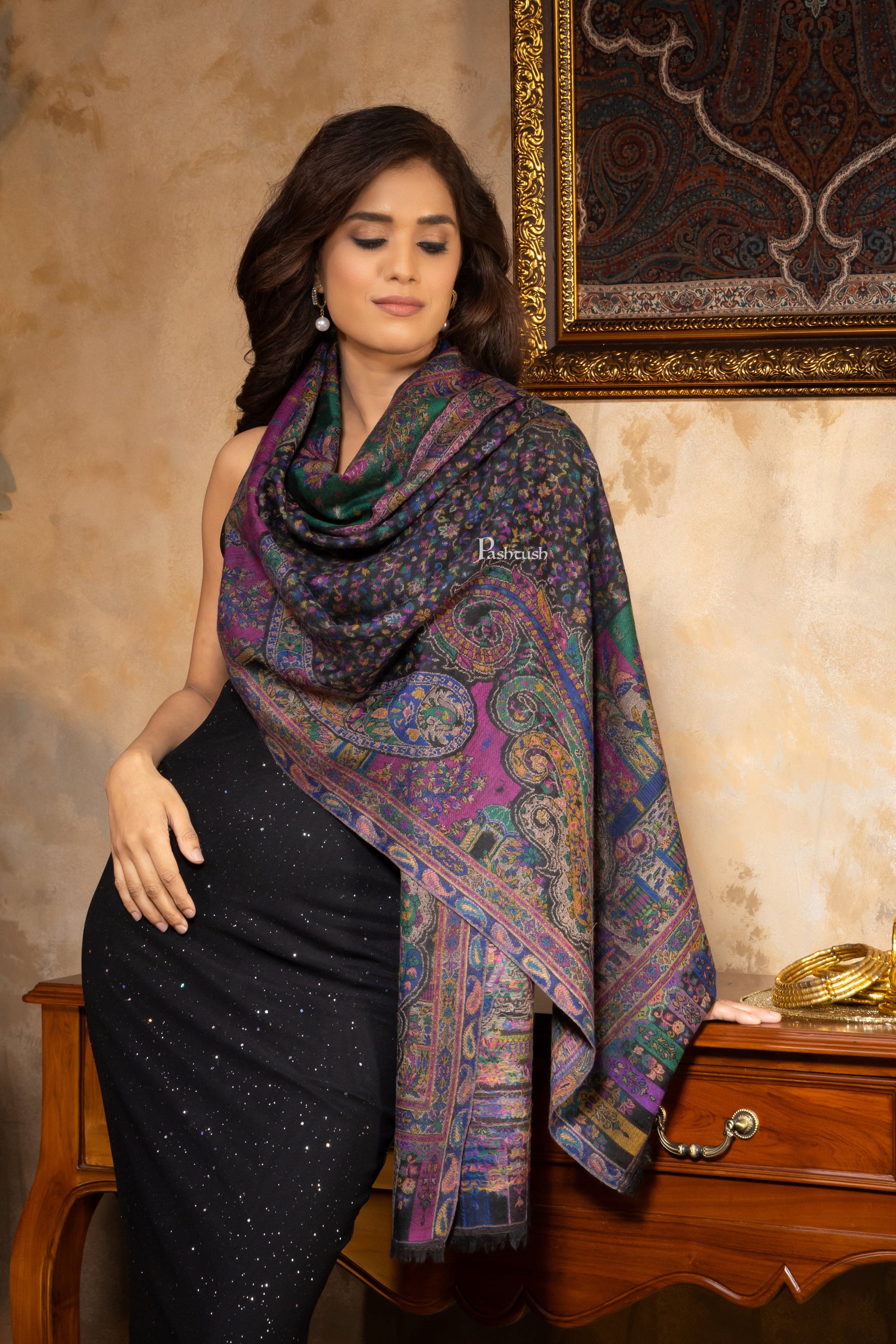 Pashtush India Womens Stoles and Scarves Scarf Pashtush Womens 100% Pure Wool With Woolmark Certificate Stole, Paisley Weave Design, Black