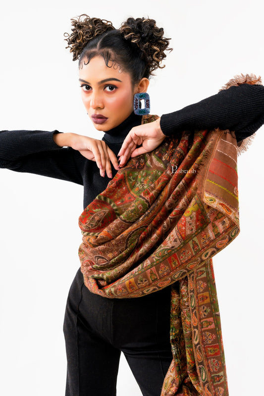 Pashtush India Womens Stoles and Scarves Scarf Pashtush Womens 100% Pure Wool With Woolmark Certificate Stole, Paisley Weave Design, Brown