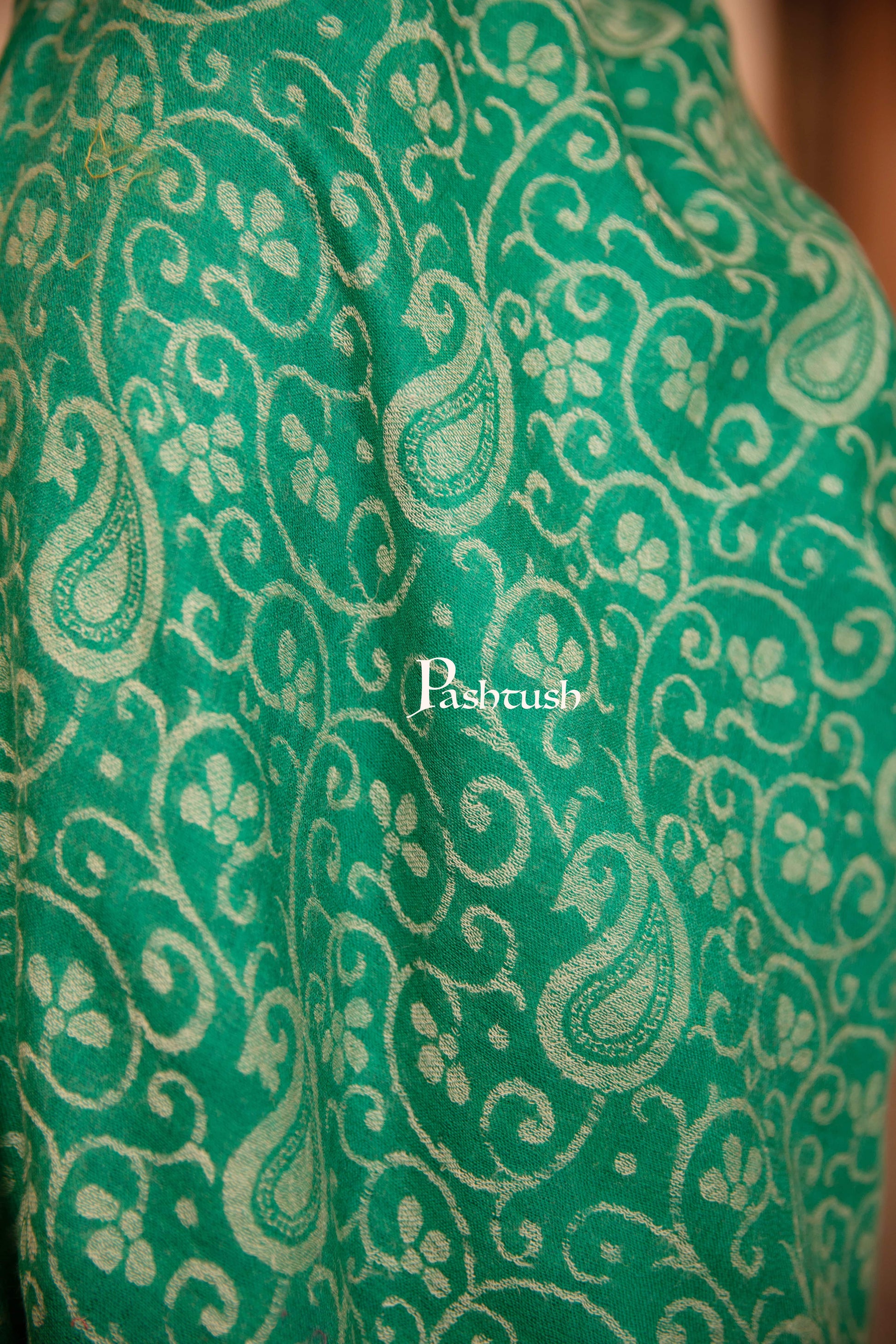 Pashtush India Womens Stoles and Scarves Scarf Pashtush Womens 100% Pure Wool With Woolmark Certificate Stole, Paisley Weave Design, Green