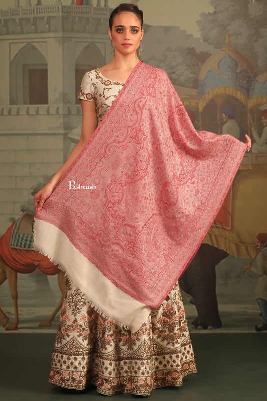 Pashtush India Womens Stoles and Scarves Scarf Pashtush Womens 100% Pure Wool With Woolmark Certificate Stole, Paisley Weave Design, Ivory