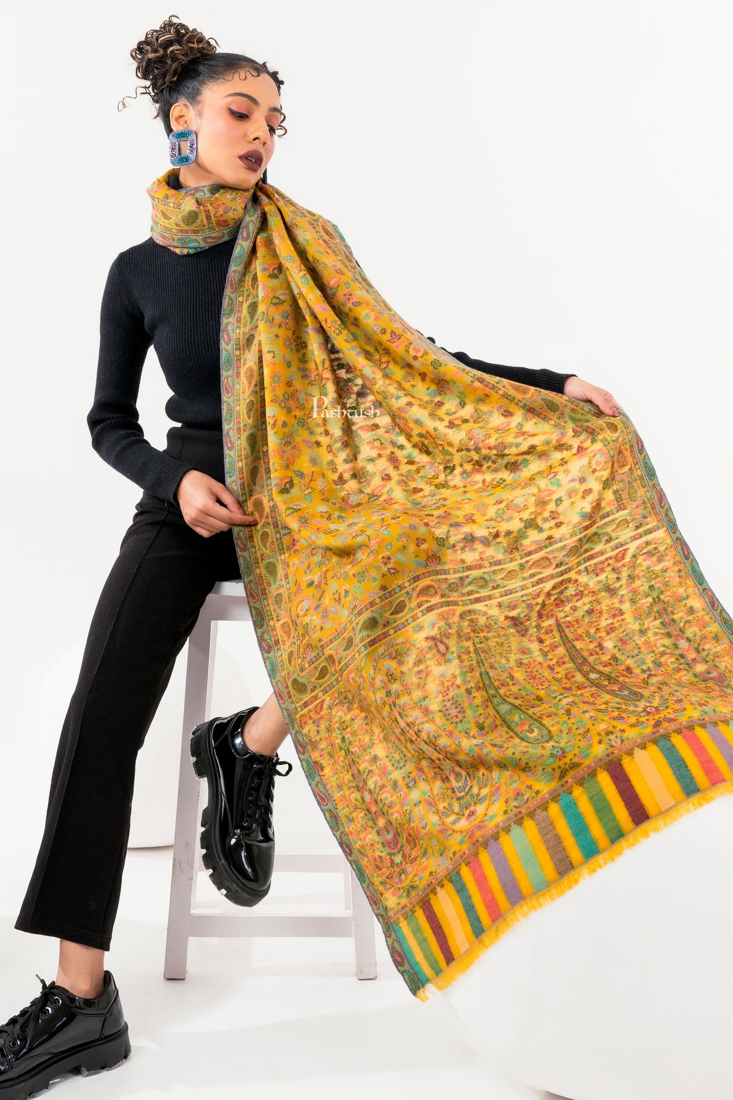 Pashtush India Womens Stoles and Scarves Scarf Pashtush Womens 100% Pure Wool With Woolmark Certificate Stole, Paisley Weave Design, Mustard