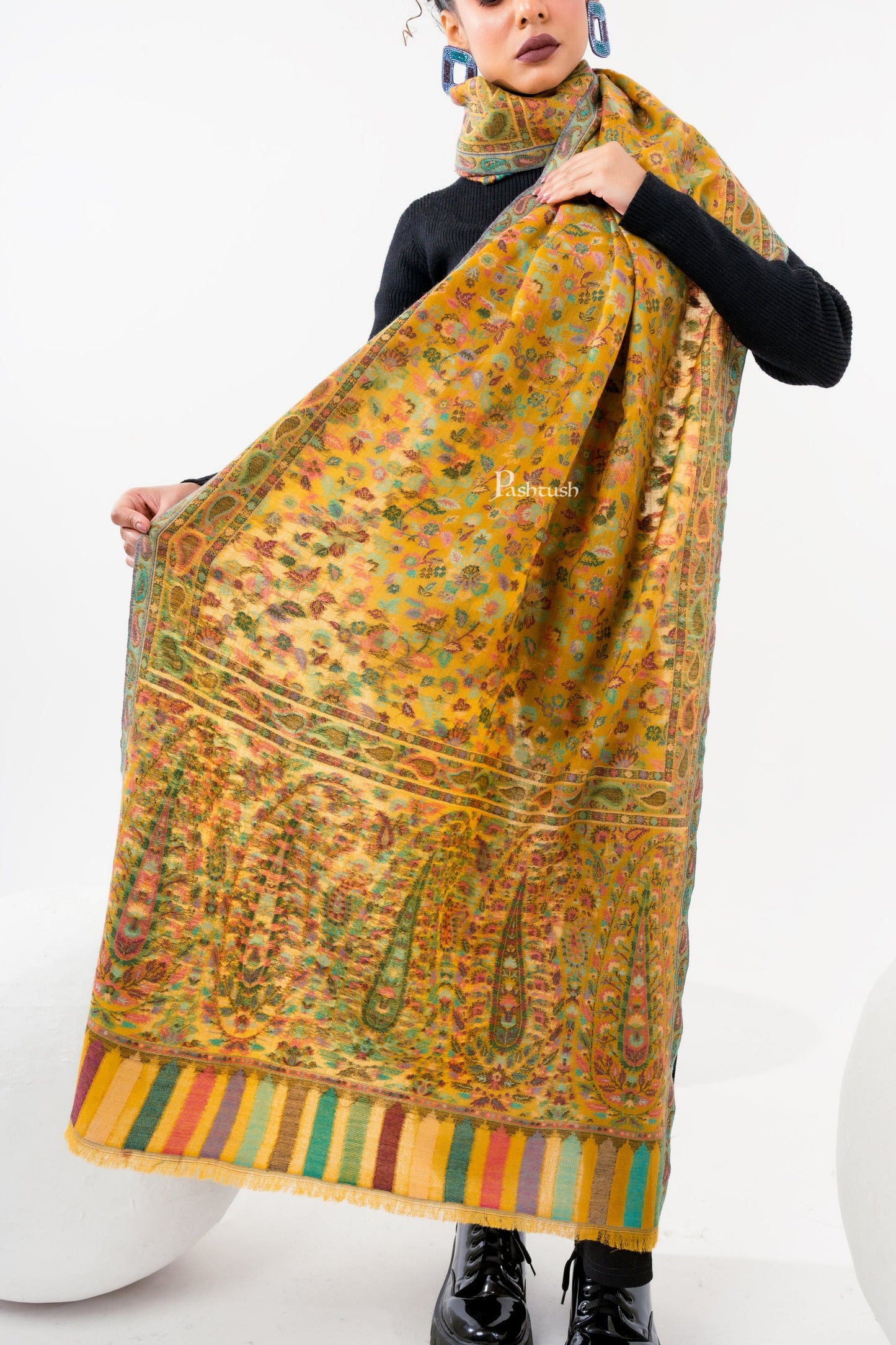 Pashtush India Womens Stoles and Scarves Scarf Pashtush Womens 100% Pure Wool With Woolmark Certificate Stole, Paisley Weave Design, Mustard