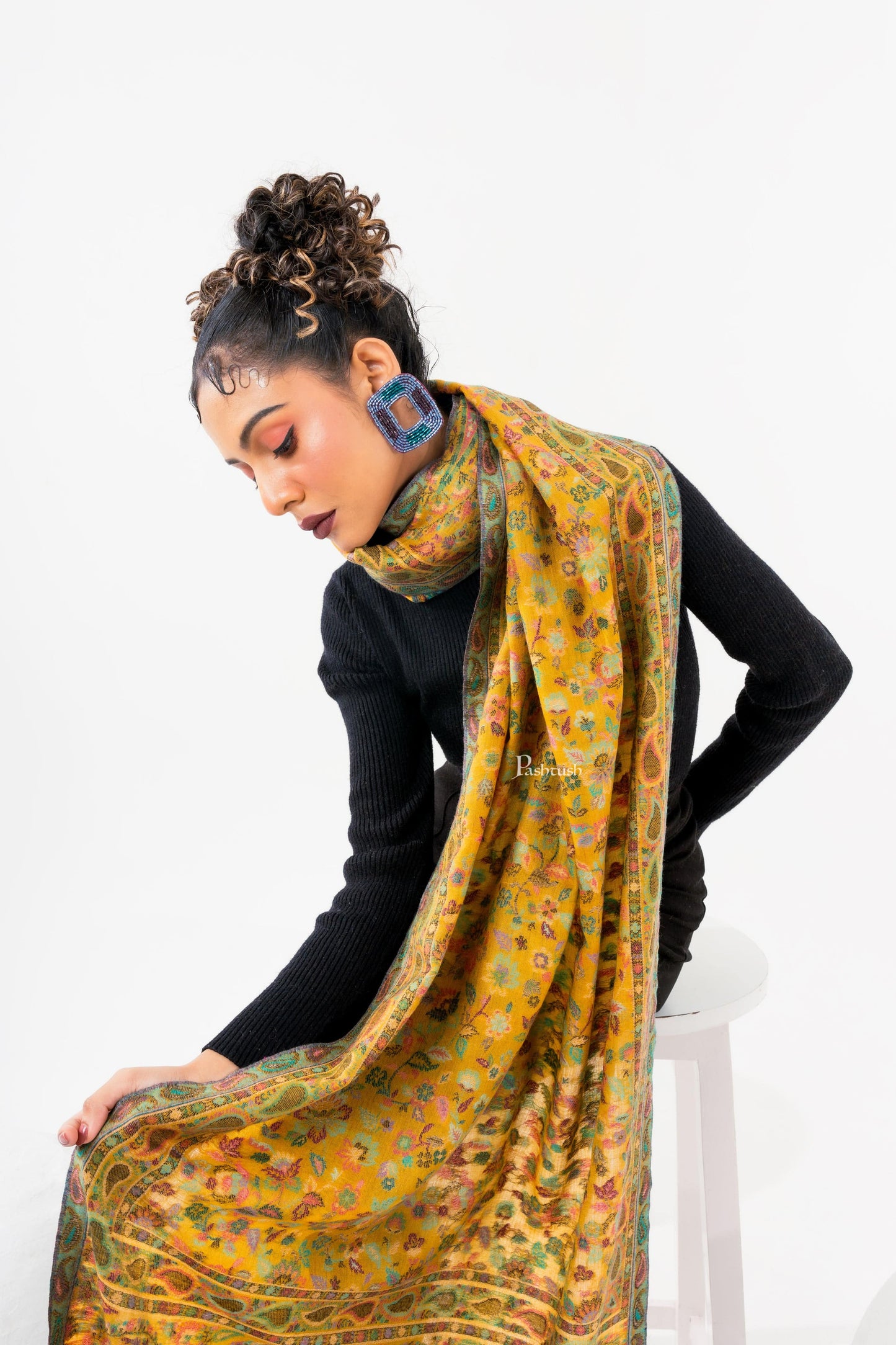 Pashtush India Womens Stoles and Scarves Scarf Pashtush Womens 100% Pure Wool With Woolmark Certificate Stole, Paisley Weave Design, Mustard