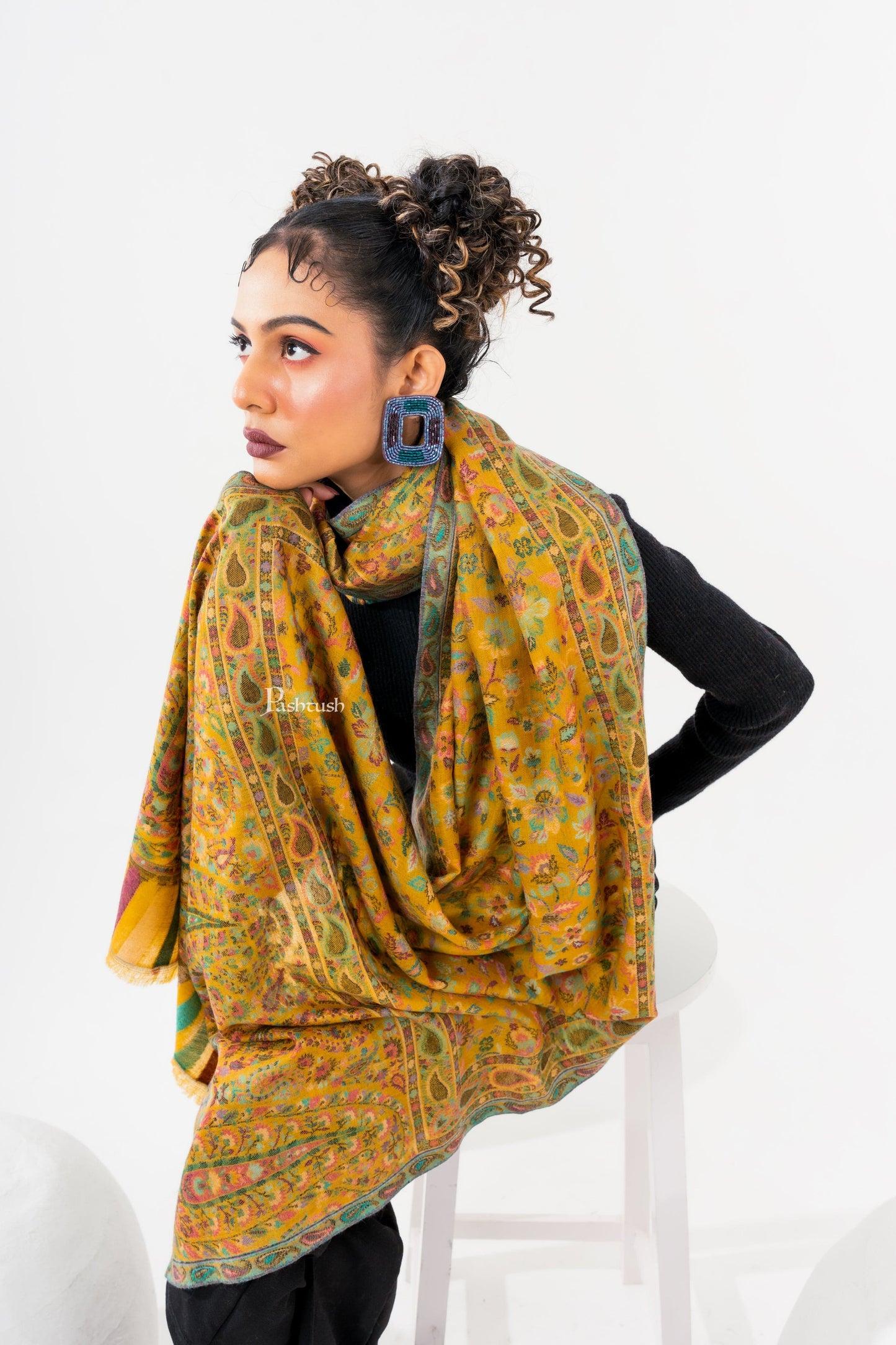 Pashtush India Womens Stoles and Scarves Scarf Pashtush Womens 100% Pure Wool With Woolmark Certificate Stole, Paisley Weave Design, Mustard