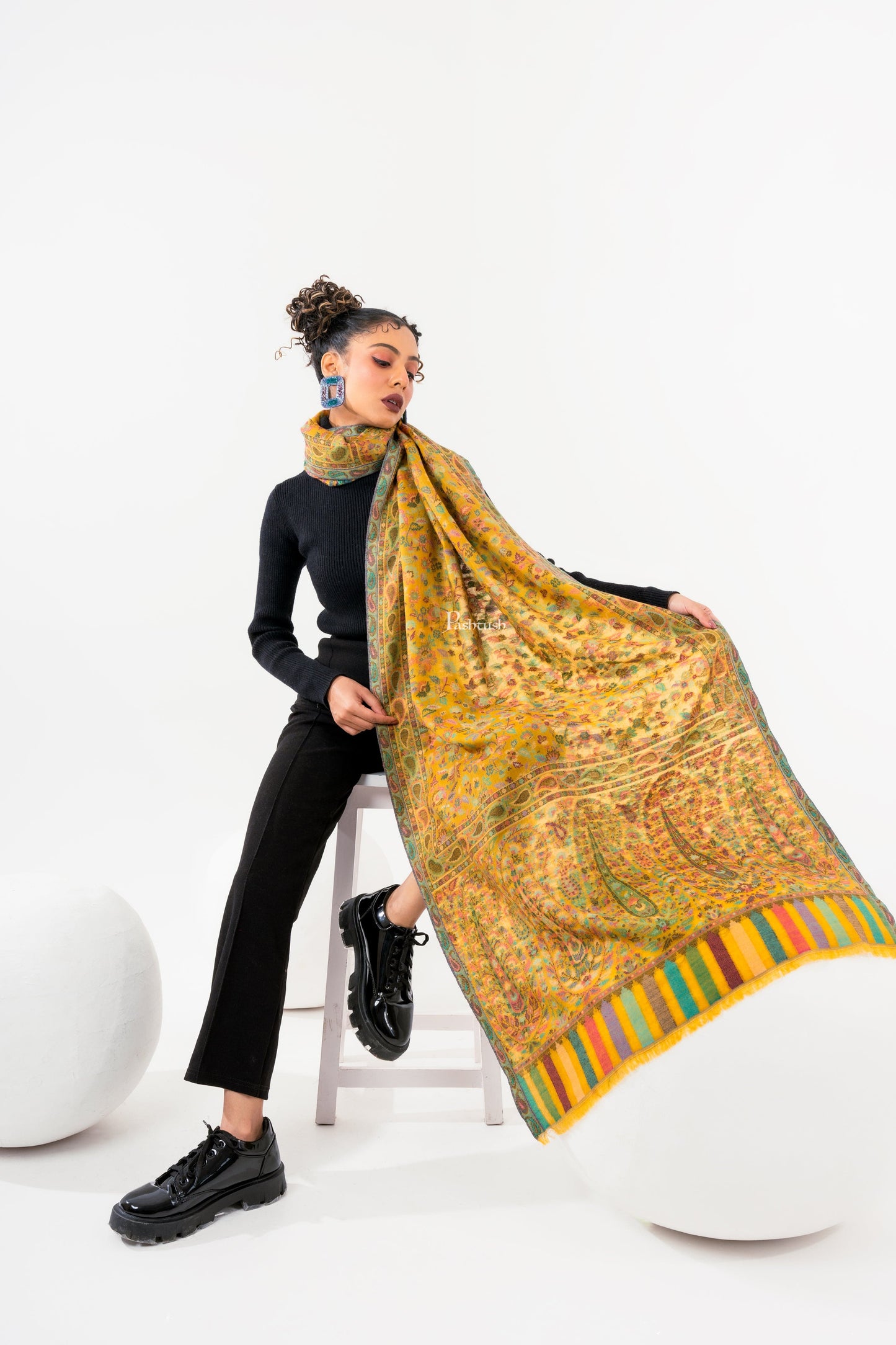 Pashtush India Womens Stoles and Scarves Scarf Pashtush Womens 100% Pure Wool With Woolmark Certificate Stole, Paisley Weave Design, Mustard