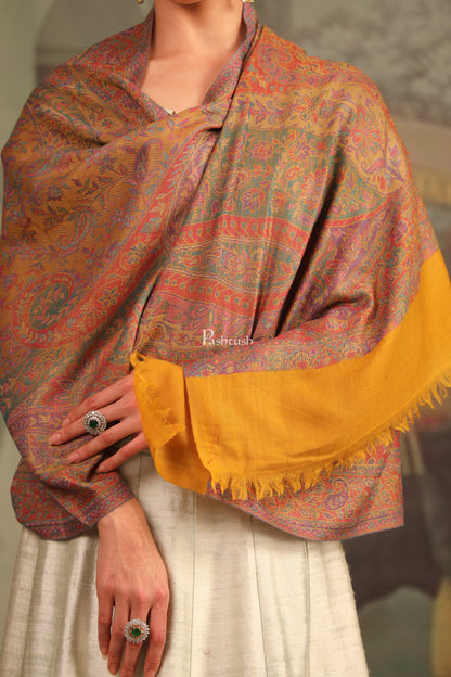 Pashtush India Womens Stoles and Scarves Scarf Pashtush Womens 100% Pure Wool With Woolmark Certificate Stole, Paisley Weave Design, Mustard