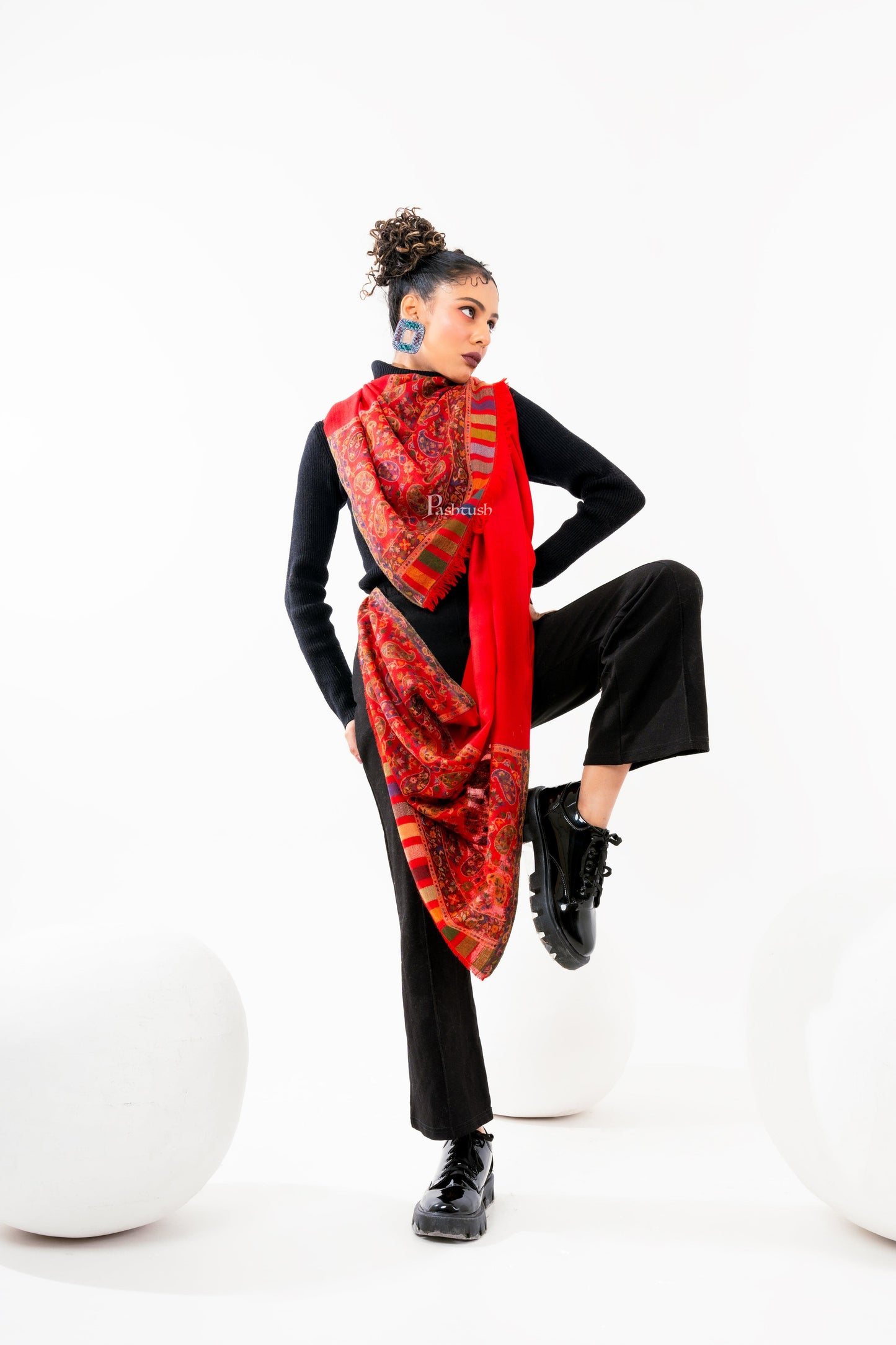 Pashtush India Womens Stoles and Scarves Scarf Pashtush Womens 100% Pure Wool With Woolmark Certificate Stole, Paisley Weave Design, Red