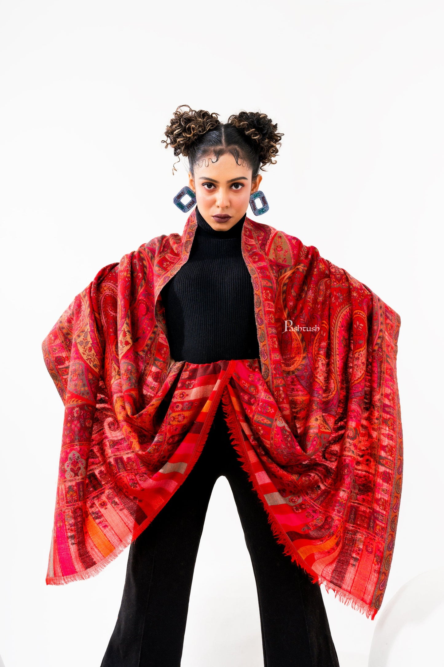 Pashtush India Womens Stoles and Scarves Scarf Pashtush Womens 100% Pure Wool With Woolmark Certificate Stole, Paisley Weave Design, Red