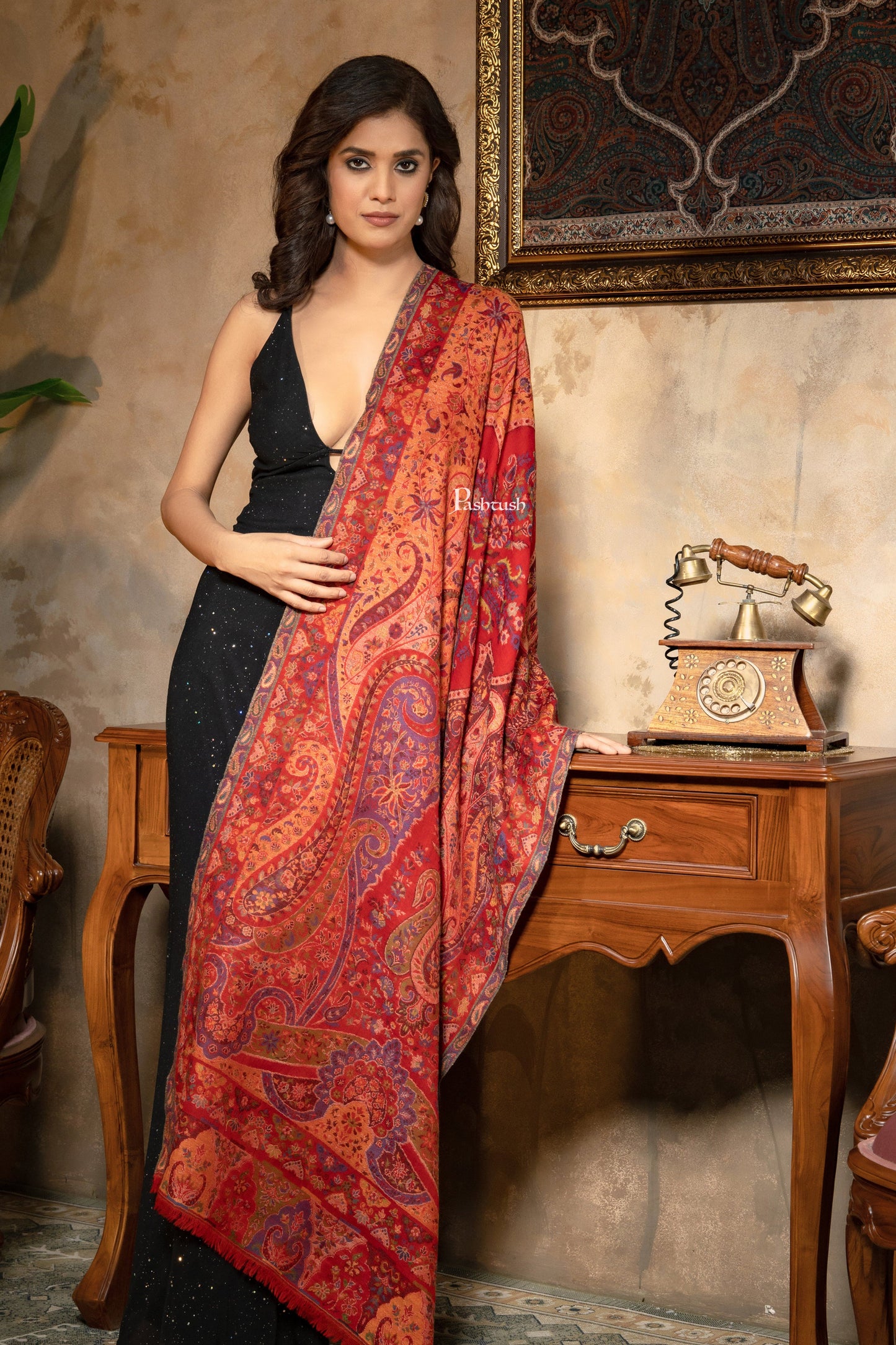 Pashtush India Womens Stoles and Scarves Scarf Pashtush Womens 100% Pure Wool With Woolmark Certificate Stole, Paisley Weave Design, Red