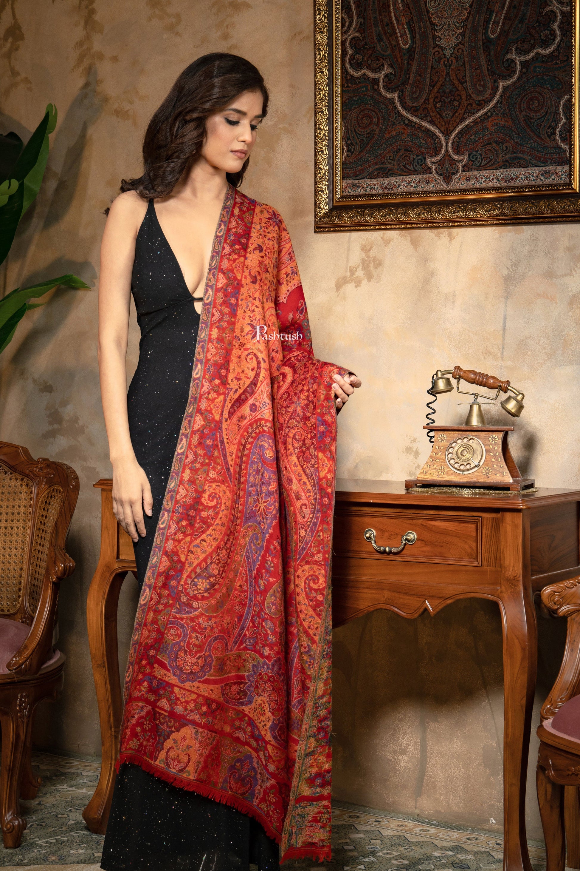 Pashtush India Womens Stoles and Scarves Scarf Pashtush Womens 100% Pure Wool With Woolmark Certificate Stole, Paisley Weave Design, Red