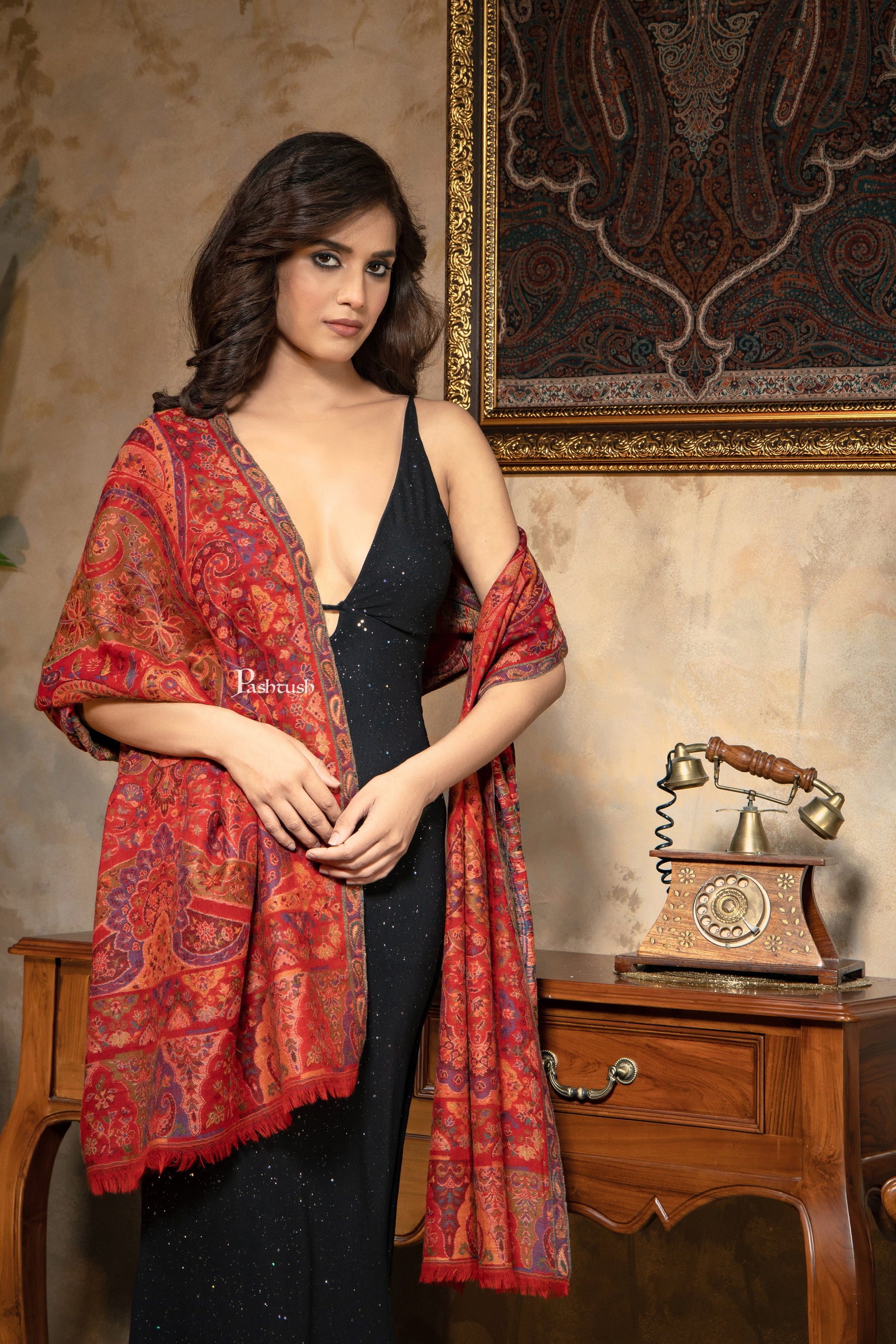 Pashtush India Womens Stoles and Scarves Scarf Pashtush Womens 100% Pure Wool With Woolmark Certificate Stole, Paisley Weave Design, Red