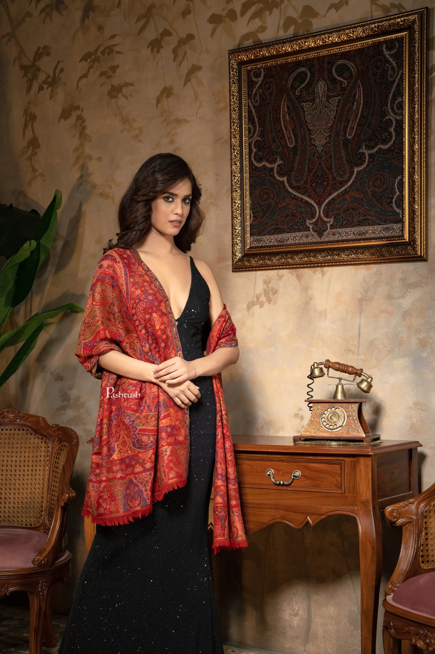 Pashtush India Womens Stoles and Scarves Scarf Pashtush Womens 100% Pure Wool With Woolmark Certificate Stole, Paisley Weave Design, Red