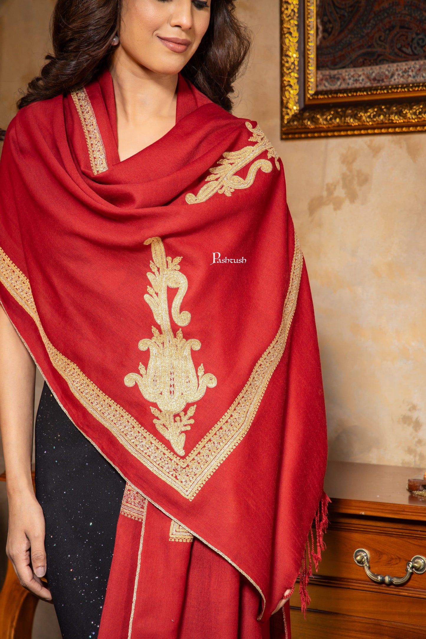 Pashtush India Womens Stoles and Scarves Scarf Pashtush Womens 100% Pure Wool With Woolmark Certificate Stole, Zari Border Kaani Design, Maroon