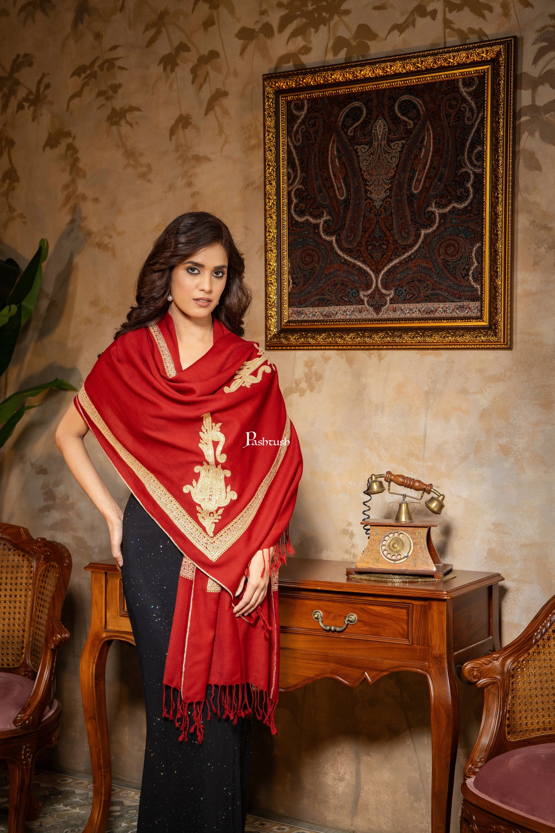 Pashtush India Womens Stoles and Scarves Scarf Pashtush Womens 100% Pure Wool With Woolmark Certificate Stole, Zari Border Kaani Design, Maroon