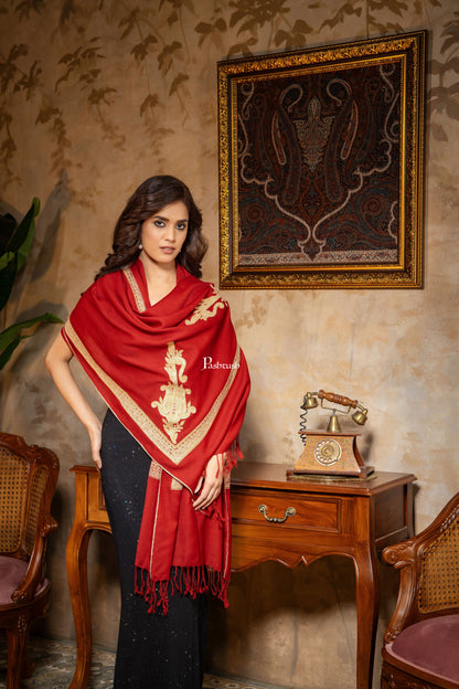 Pashtush India Womens Stoles and Scarves Scarf Pashtush Womens 100% Pure Wool With Woolmark Certificate Stole, Zari Border Kaani Design, Maroon