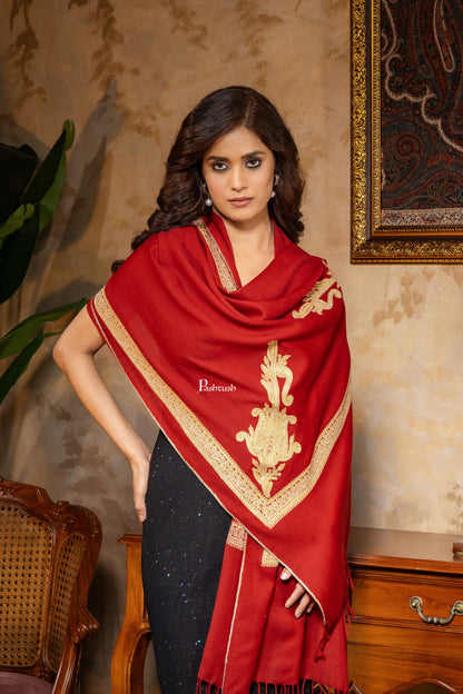 Pashtush India Womens Stoles and Scarves Scarf Pashtush Womens 100% Pure Wool With Woolmark Certificate Stole, Zari Border Kaani Design, Maroon