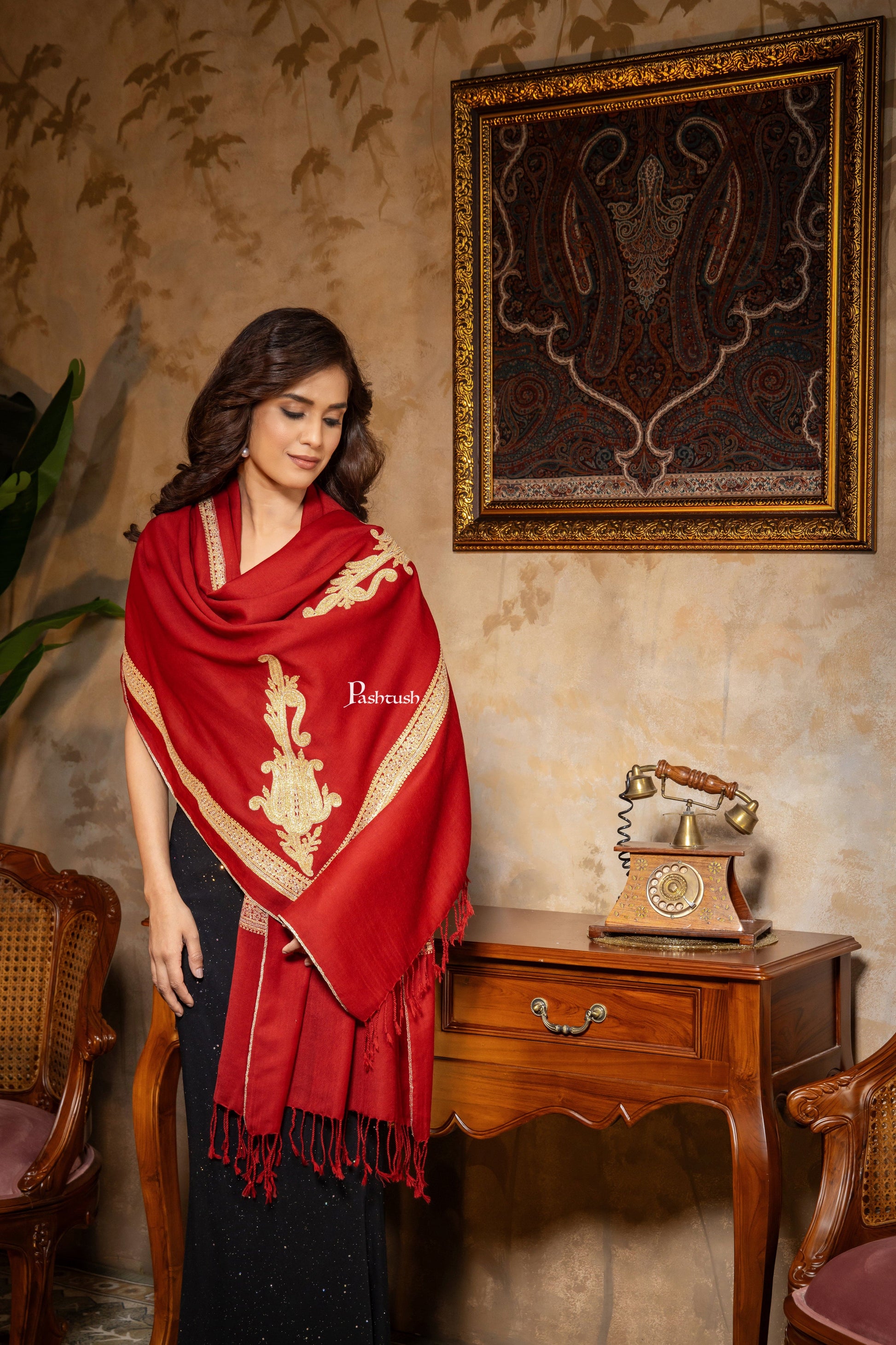 Pashtush India Womens Stoles and Scarves Scarf Pashtush Womens 100% Pure Wool With Woolmark Certificate Stole, Zari Border Kaani Design, Maroon