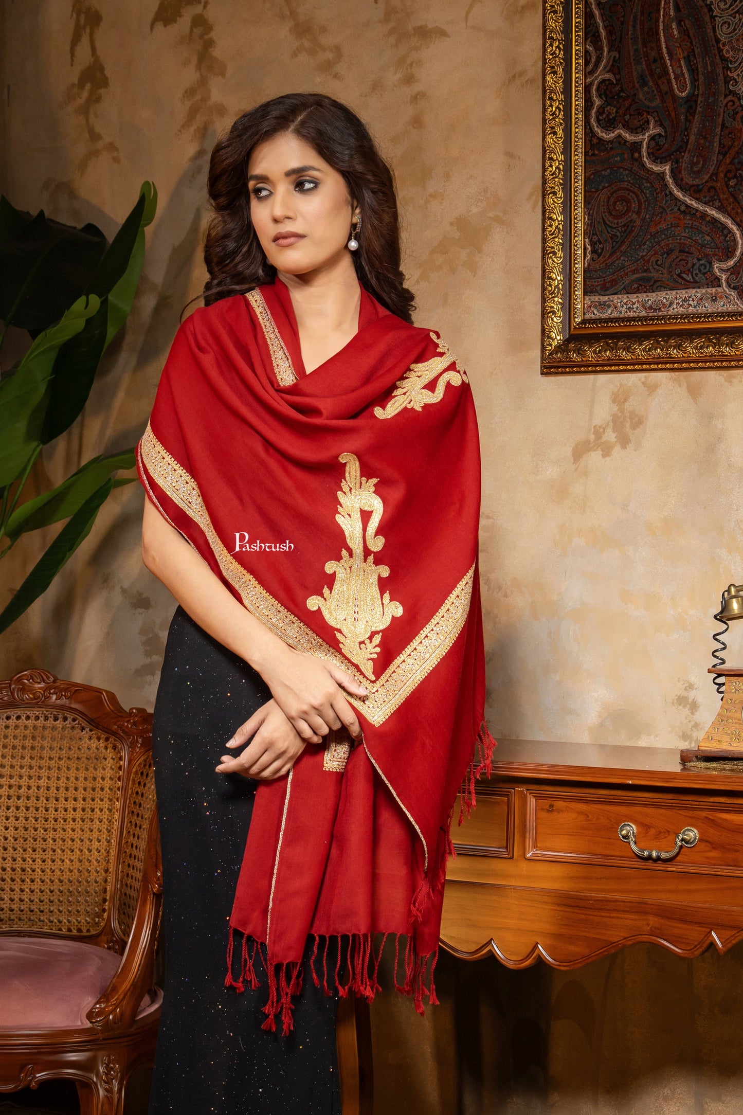 Pashtush India Womens Stoles and Scarves Scarf Pashtush Womens 100% Pure Wool With Woolmark Certificate Stole, Zari Border Kaani Design, Maroon